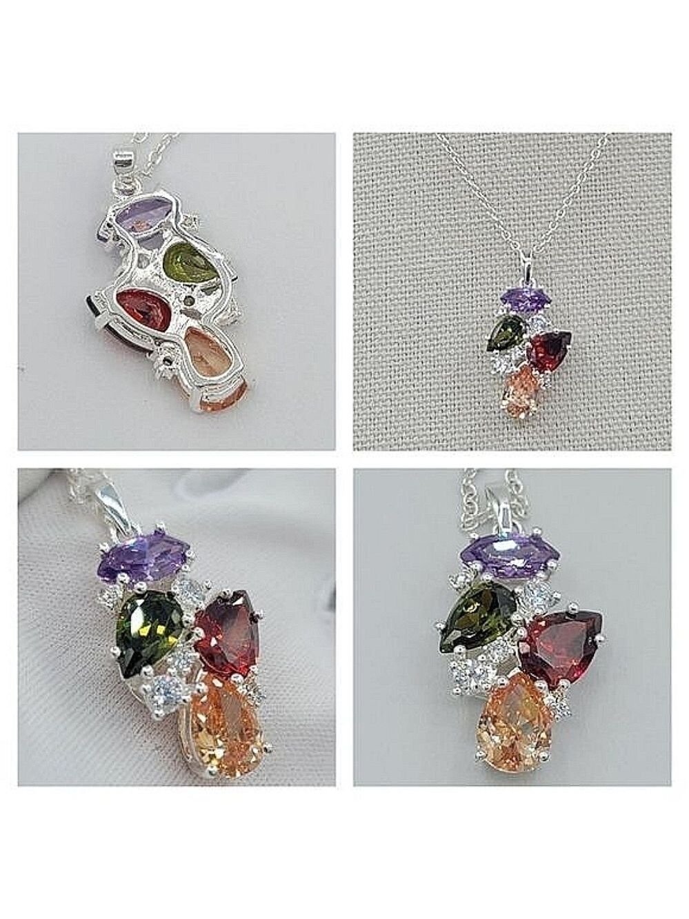 Necklace Multicolor Crystals Silver Tone Pendant With Chain & Extender #1035